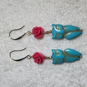 Turquoise carved owl with pink flower top - silver
